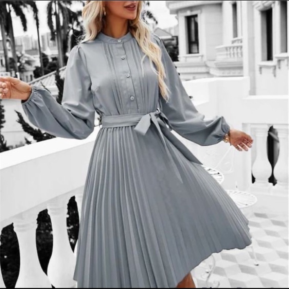 Shien Pleated Belted Shirt Dress